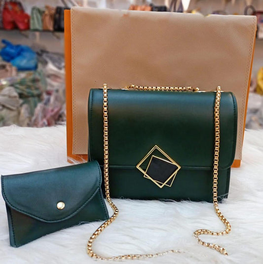 2 Pcs PU Leather Hand Bag With Long Golden Chain For Girls